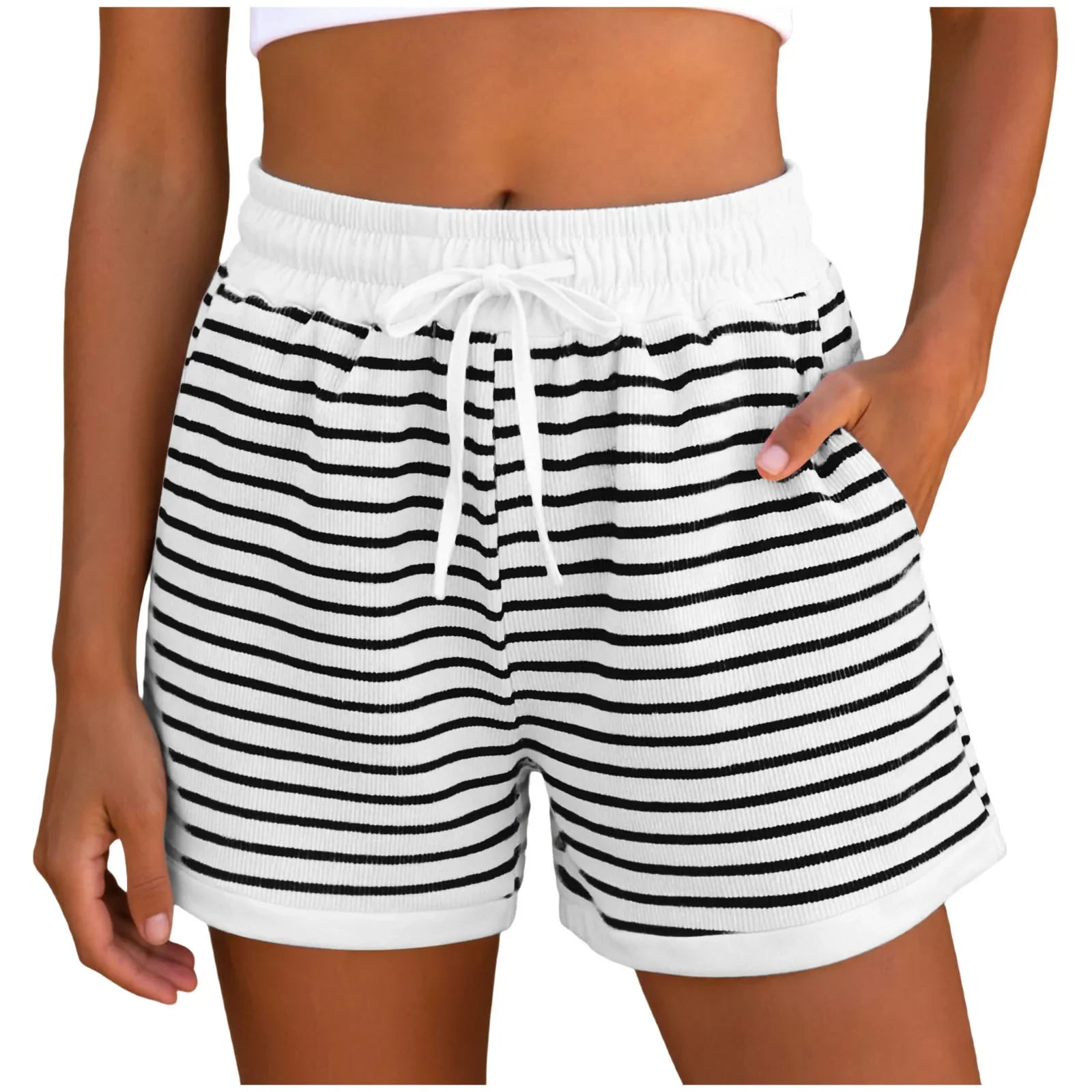 Y2k Cute Contrast Color Elastic High Waist Striped Shorts Women Drawstring Summer Shorts With Pockets Loose Fit Ribbed Shorts