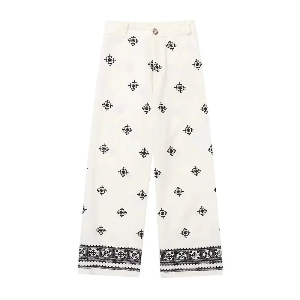 Foridol Geometric Embroidery Wide Leg Spring Summer Women Beige Long Pants Zip Fashion Trousers Pantalones De Mujer Autumn Pants