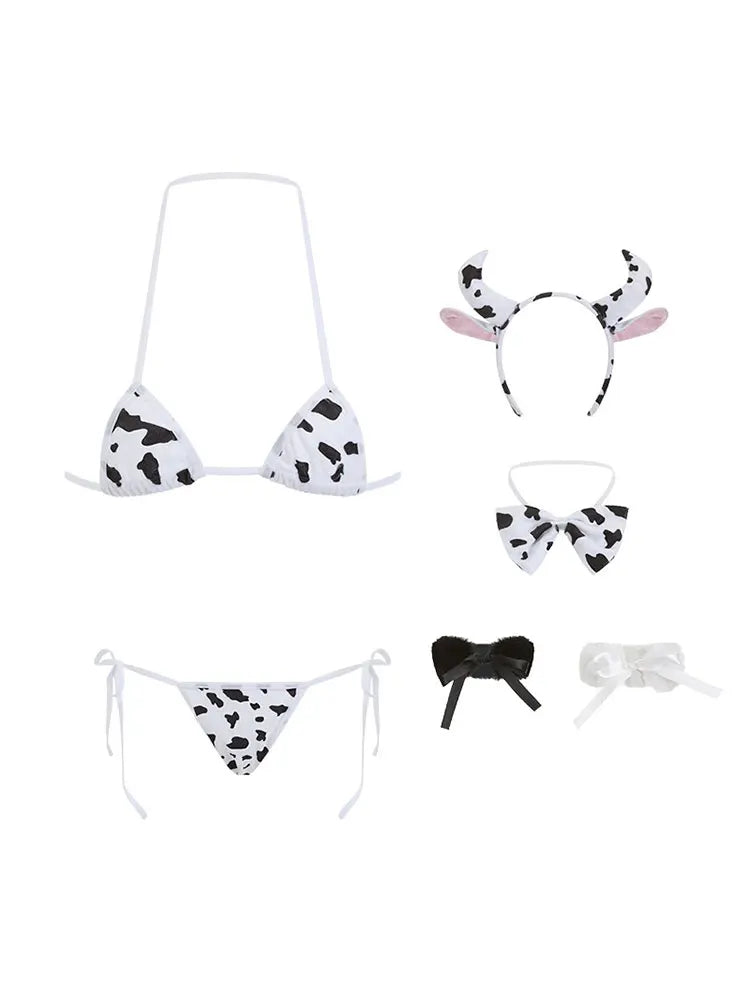 Sexy Cos Cow Cosplay Costume Maid Lolita Bra and Panty Set Stockings Erotic Lingerie Onlyfans Women Naughty Bikini Set
