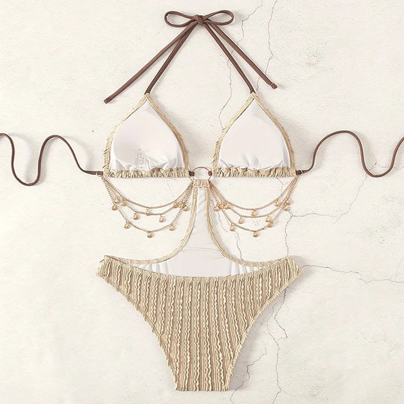 sexy ribbed metal chain swimsuit one piece hollow waist bikinis halter swimwear bodysuits women biquini bathing suits tankini