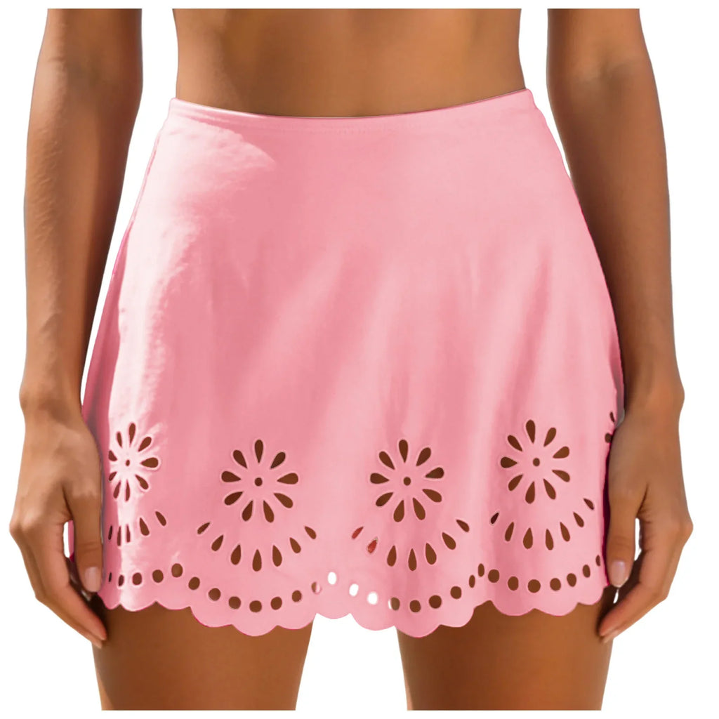 Women Solid High Waist Swim Skirts Hollow Out Floral Cutout Scalloped Hem A Line Bikini Cover Up Skirt Vacation Pool Beachwear