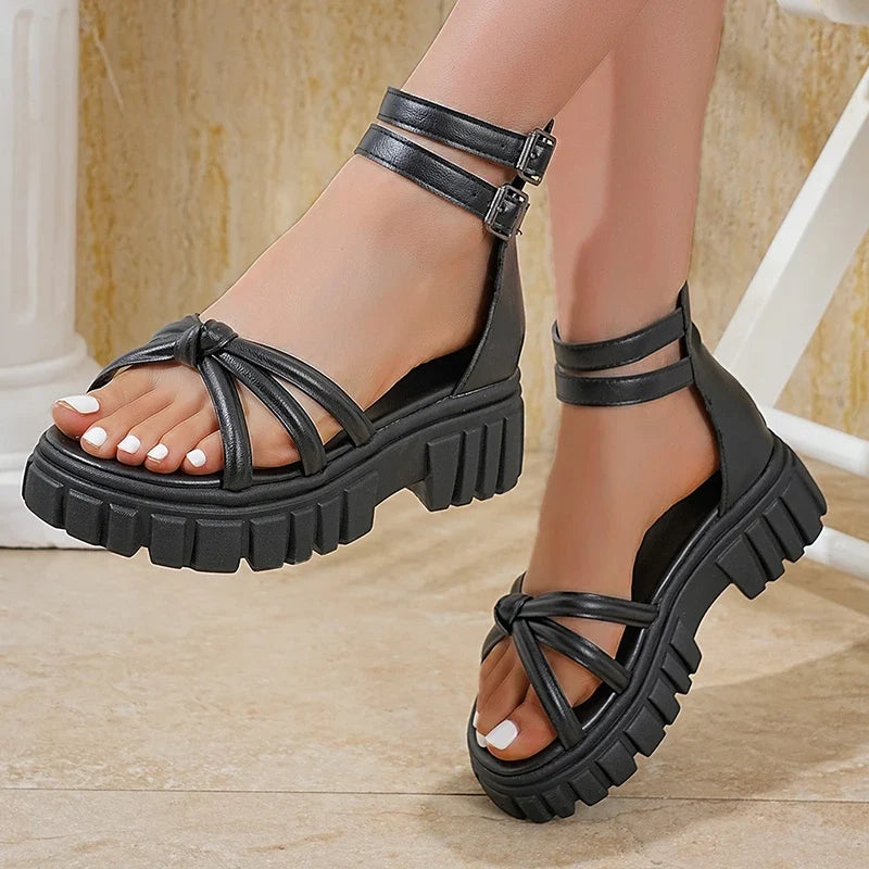 Rome Ankle Buckle Platform Sandals Women Plus Size 43 Cover Heel Thick Bottom Gladiator Sandalias Mujer Anti Slip Summer Sandles