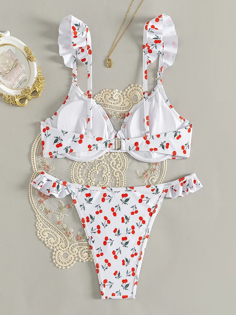Cherry Printed Underwired V-bar Ruffled Bikini Women Swimwear Female Swimsuit Two-pieces Bikini Set Push Up Bathing Suit Swim