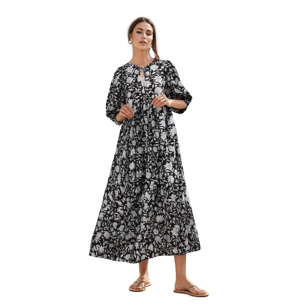 Women Bohemian Holiday Beach Long Dress 3/4 Sleeve V Neck Floral Print Loose Summer Casual Swing Dresses