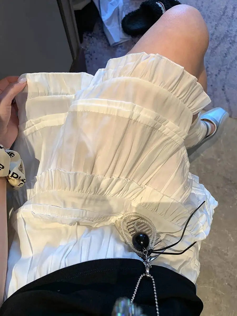 Sweet Korean Style Lace Loose Short Skirt White Tiered Ruffled Mini Skirt Elastic Waist Cute Casual Summer Skirt For Women EHAB