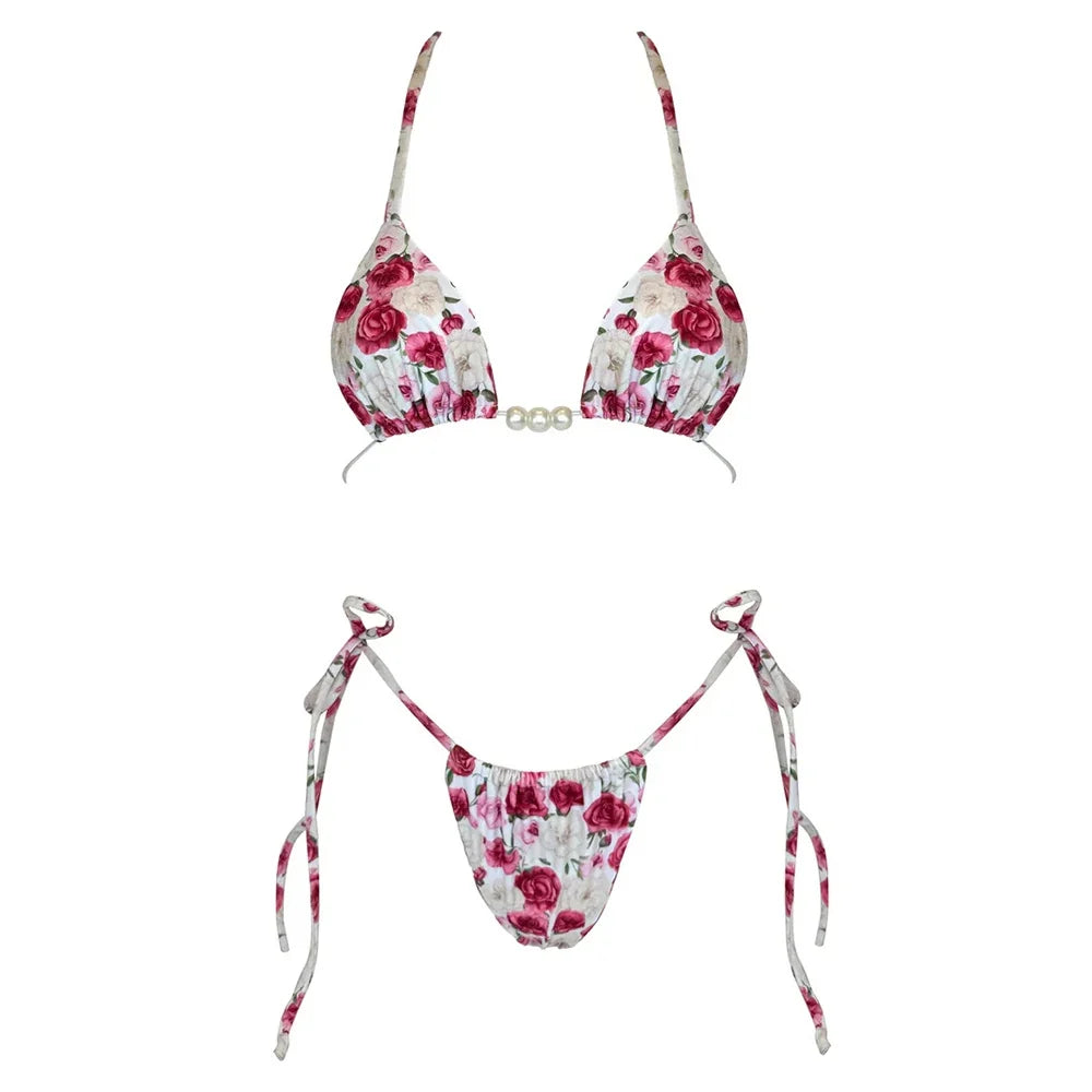 Micro Bikini 2025 Swimwear Women Swimsuit Sexy luxury Brazilian Bikini Set Halter Print Biquini Push Up Pearl Beachwear Female