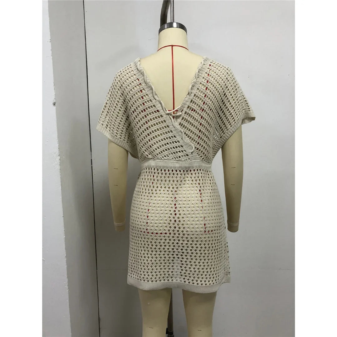 2026 Short Sleeve V Neck Hollow Out Crochet Knitted Tunic Beach Cover Up Cover-ups Beach Dress Beach Wear Beachwear Female V8152