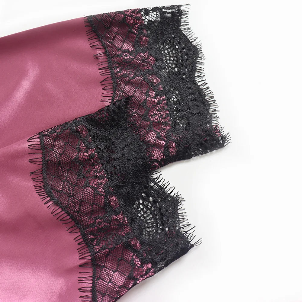 Sexy Women Home Dressing Gown Lingerie Lace Patchwork Satin Robe Set Nightwear Casual Sleepwear Kimono Bathrobe Home Nightdress