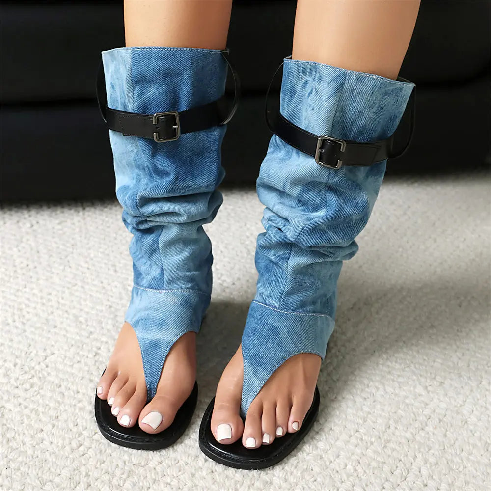 2025 Brand Plus Size 48 Trendy Denim Blue Gladiator Sandals Women Chic Black Chunky Heels  Fashion Comfy Walk Summer Boot Shoes