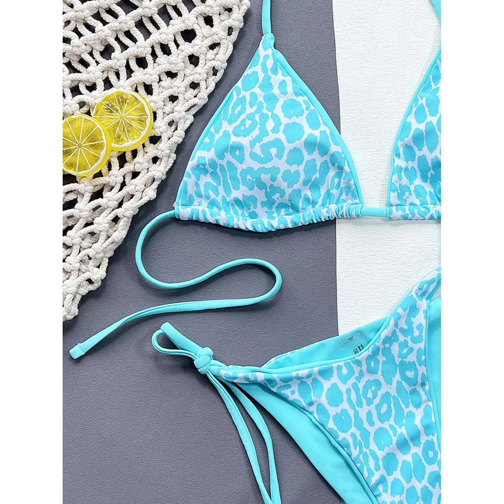 Sexy Leopard Printed Halter Brazilian Bikini Women Swimwear Female Swimsuit Two-Piece Bikini Set Bather Bathing Suit Swim V3681