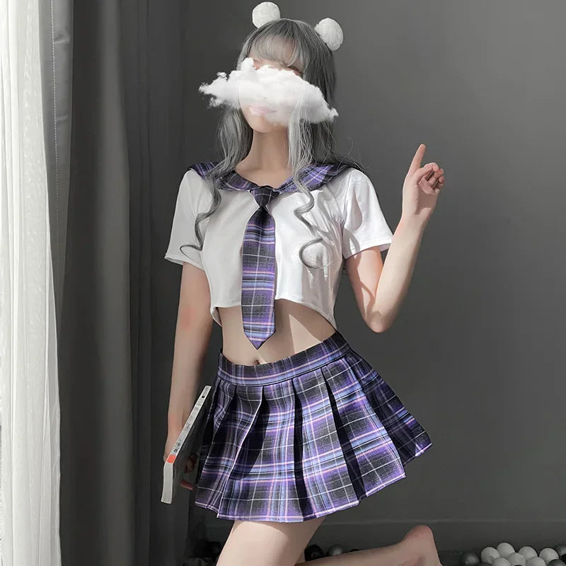 Japanese Sweet Plaid Cheerleading School Girl Cosplay Student Uniform Role Play Sexy Costume Sex Lingerie for Women