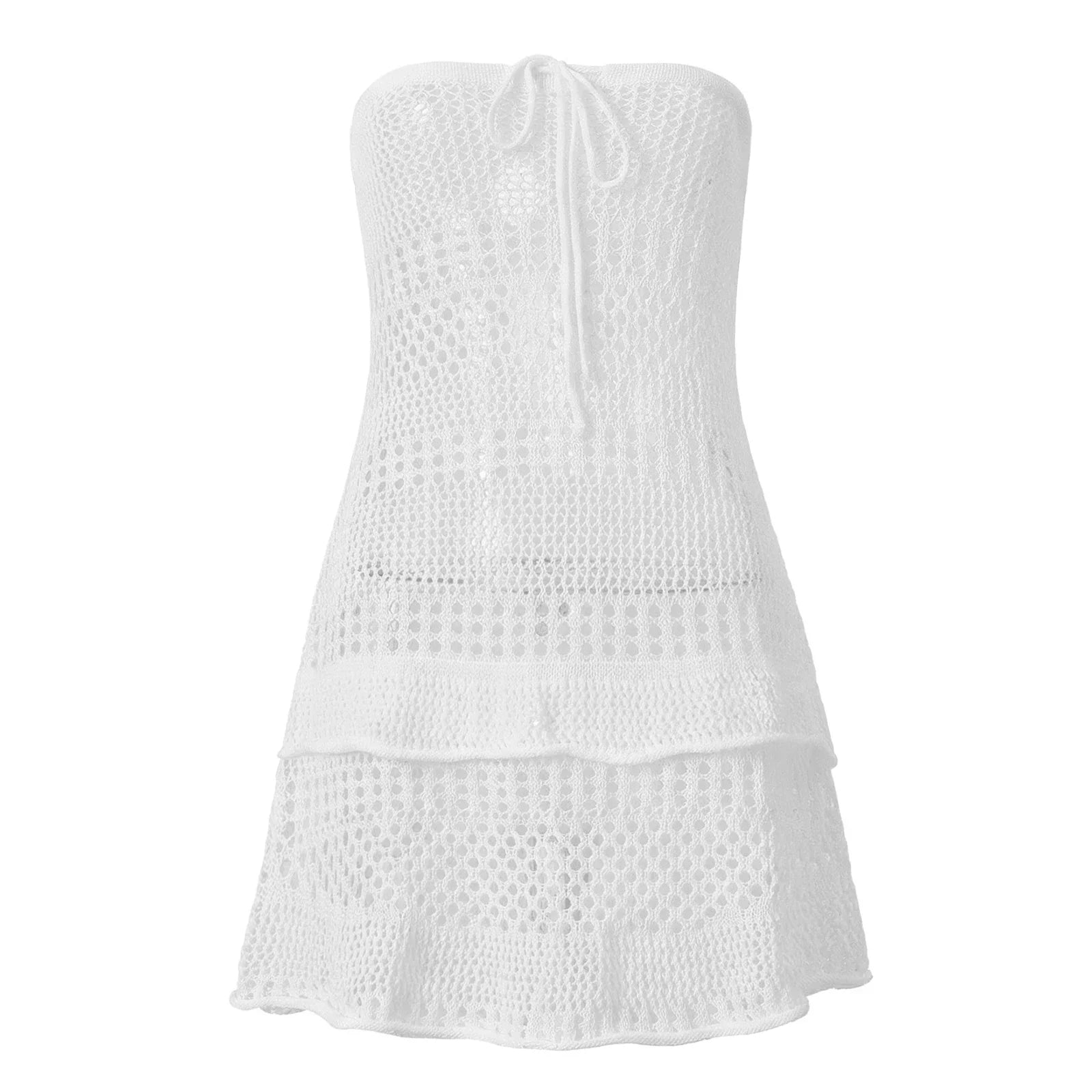 Women’s Knitted Mini Dress Sleeveless Strapless Hollow Out Dress Summer Bikini Cover Ups