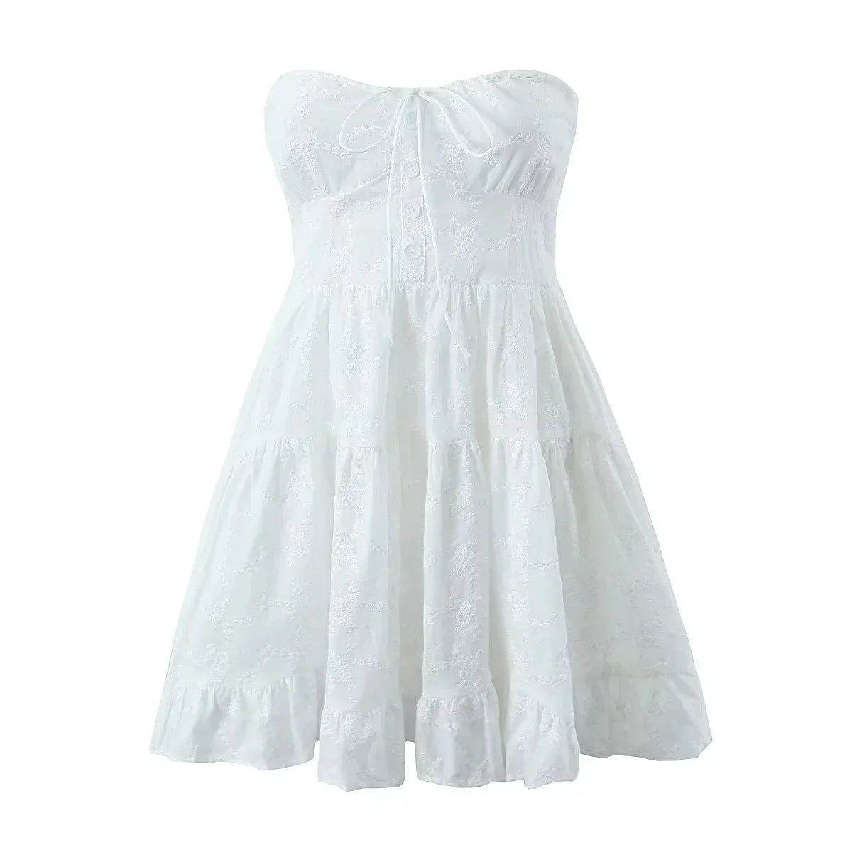 Foridol Button Bowknot Off Shoulder White Lace Mini Dress Summer Beach Embriodery Short Party Holiday Vestidos Smocked 2025