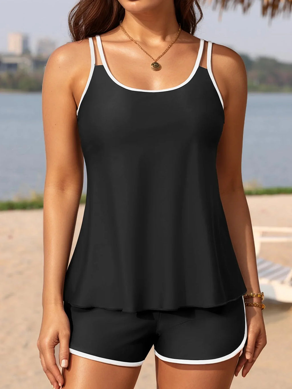 Black White Patchwork Tankini Set Swimwear Women 2026 Double Strap Push Up Tank Top High Waist Pocket Short Two Piece Swimsuit