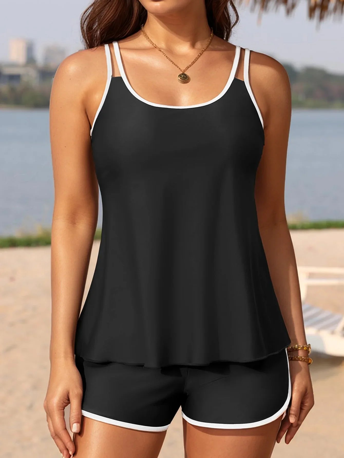Black White Patchwork Tankini Set Swimwear Women 2026 Double Strap Push Up Tank Top High Waist Pocket Short Two Piece Swimsuit