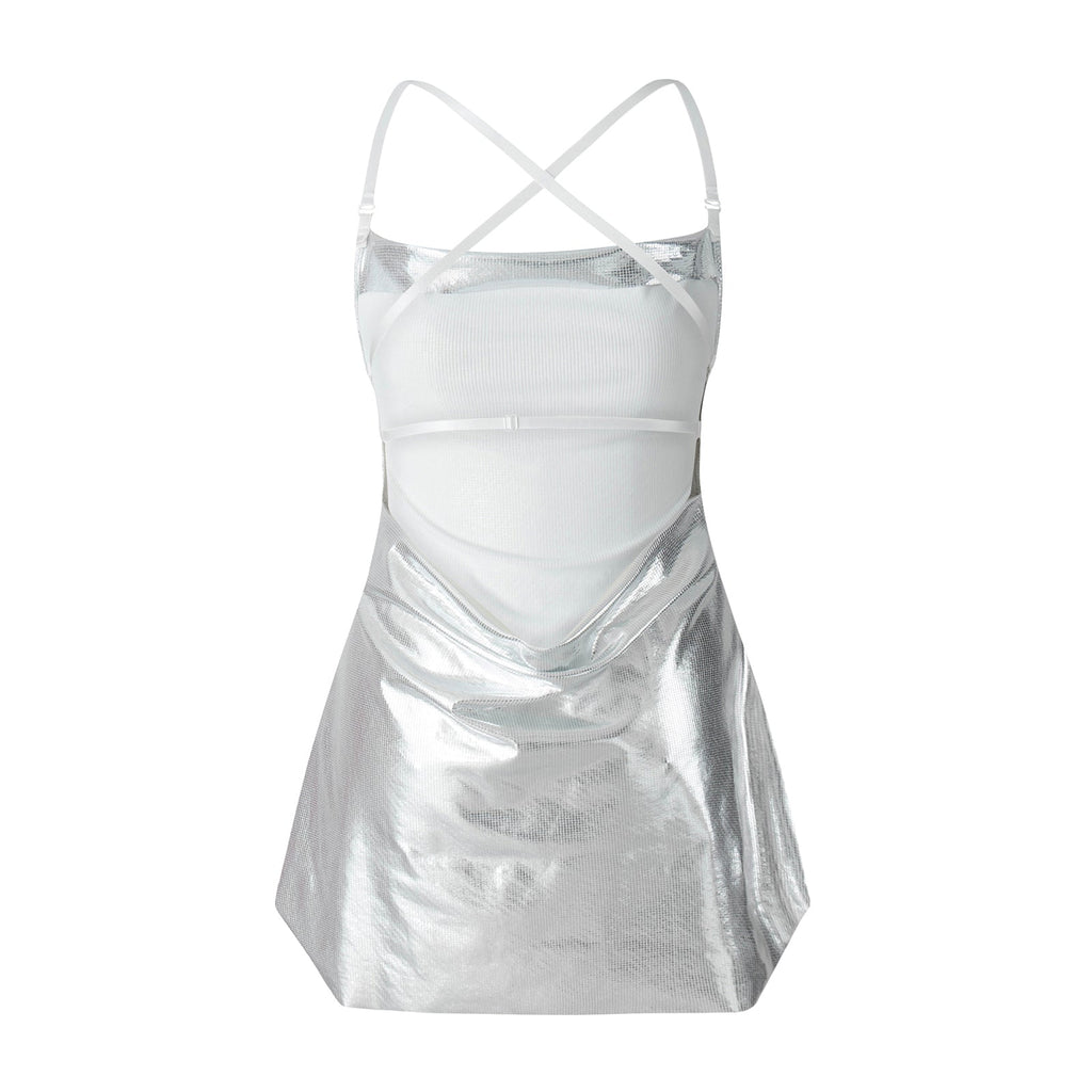 Women Sleeveless Backless Party Club Dress Solid Color Shiny Spaghetti Strap Mini Dress for Cocktail Nightclub Beach