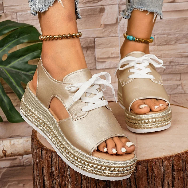 Plus Size Lace Up Chunky Platform Sandals Women 2026 Summer Peep Toe Wedges Sandals Woman Rivets Thick Bottom Gold Sandalias