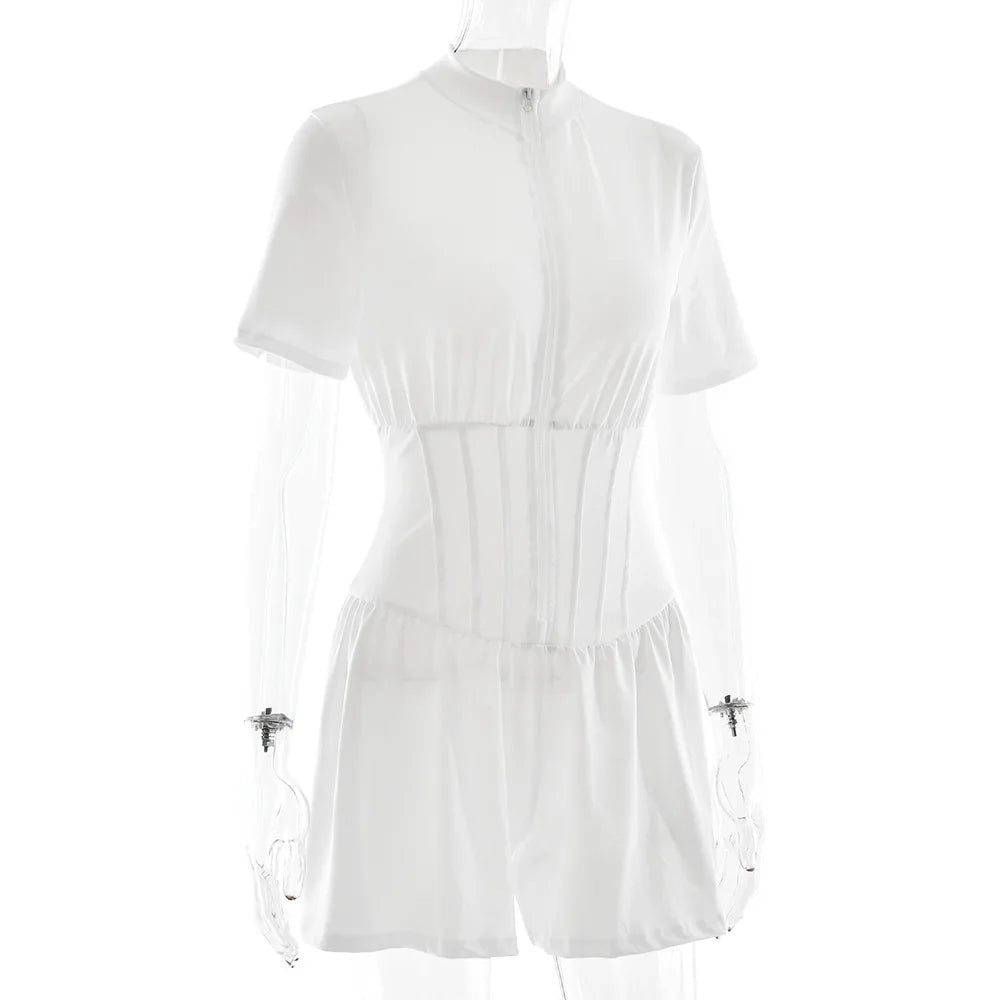 FDYOUI New 2026 Summer Zip-up Corset Playsuits Women Casual Short Sleeve Sports Fitness Overalls One Piece Tunics Yoga Bodysuit