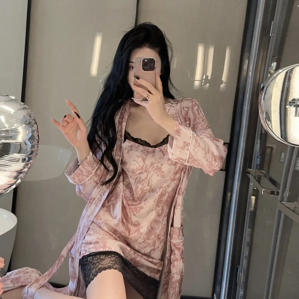 Ice Silk Sexy Pajamas Women's Spring and Autumn Suspender Lace Nightgown Robe High-end Home Clothes