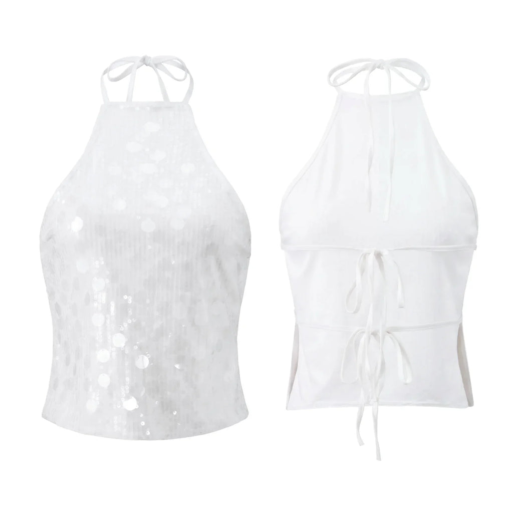 Women’s Backless Sequin Vest Summer Slim Fit Halter Tank Tops Summer Club Party Sexy Sleeveless Shirts Streetwear