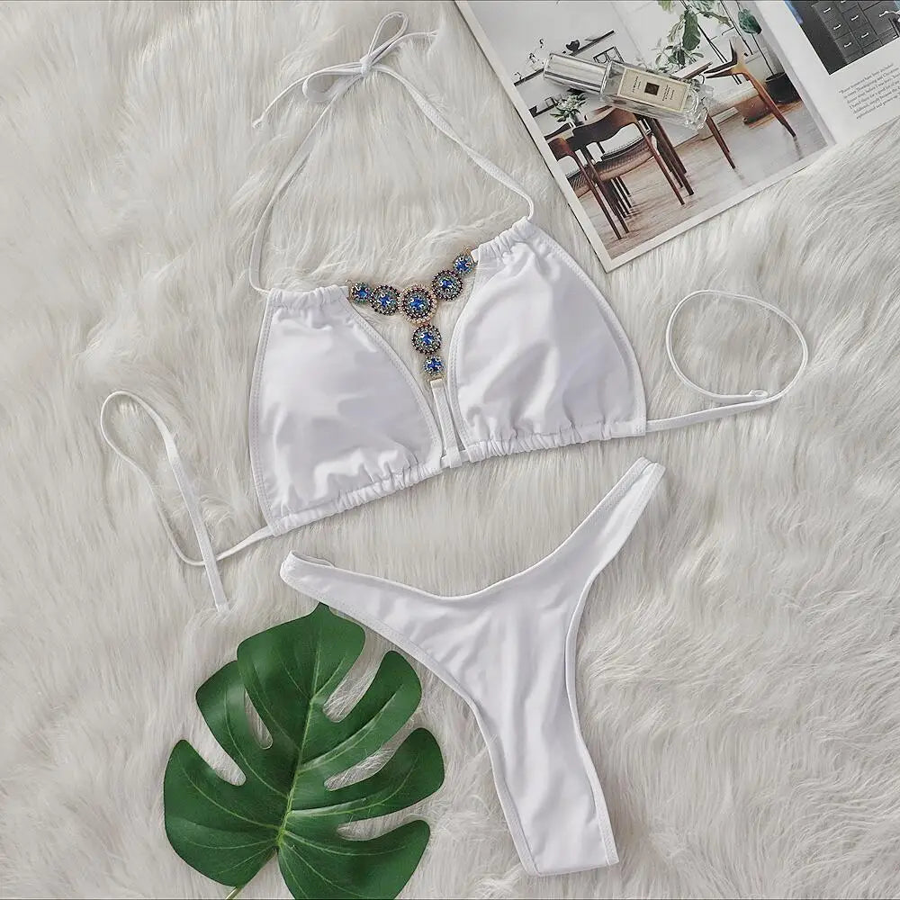 Extreme Mini Micro String Diamond Bikini Women Swimsuit Female Triangle Swimwear Two Pieces Bikini Set Halter Bathing Suit Swim