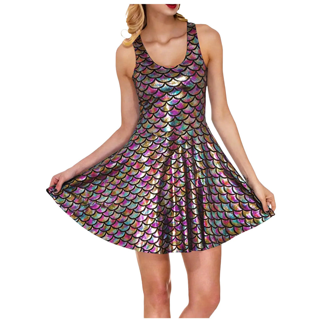 Cocktail Dress Womens Glitter Costume Party Dresses Swing A Line Metallic Shiny Festival Outfit Cosplay Fish Scale Vestidos