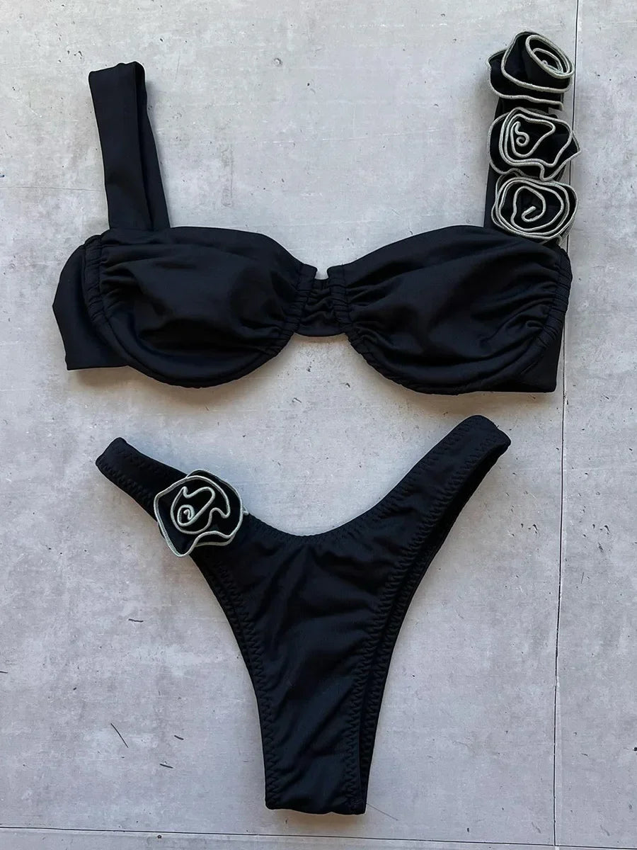 3D Flowers Underwired Brazilian Bikini Women Thong Swimwear Female Swimsuit Two-pieces Bikini Set Push Up Bathing Suit Swim