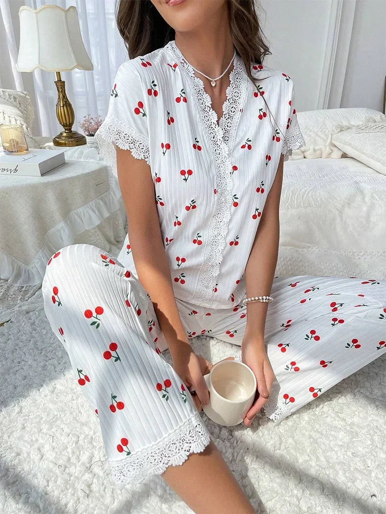 Women Sleepwear Black Lace Trim Cherry Print 2 Piece Pajamas Set Short Sleeve Top & Full-Length Pants Homewear