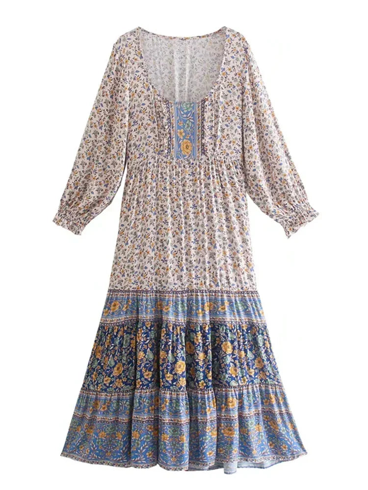 Floral Print Boho Long Dresses with Sleeves Vestidos Para Mujer Ruffles Sash Beach Casual New in Dress Loose Retro Sundress