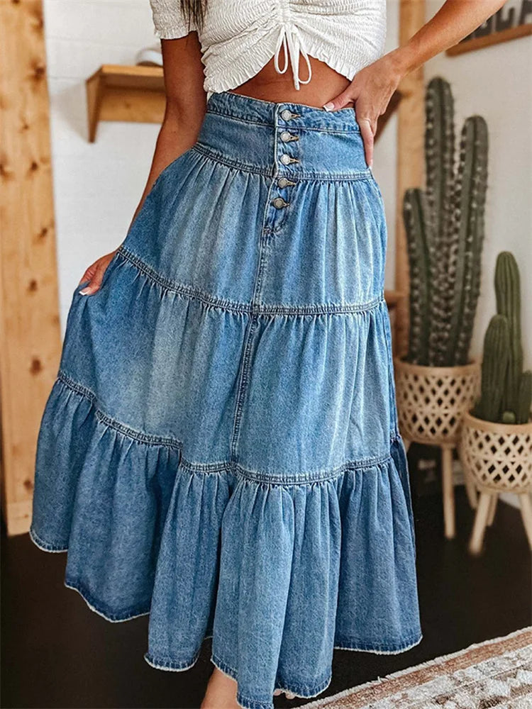 Women Summer Denim Skirt Casual Solid Color Ruffled Hem High Waist A-Line Jeans Skirt for Club Streetwear