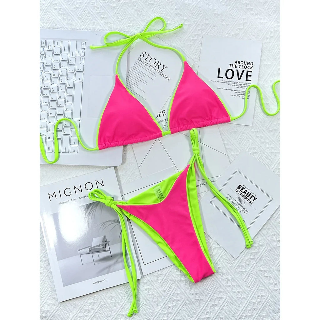 Sexy 7 Colors Halter Brazilian Bikini Female Swimsuit Women Swimwear Two-Pieces Bikini Set Bather Bathing Suit Swim Lady V3860