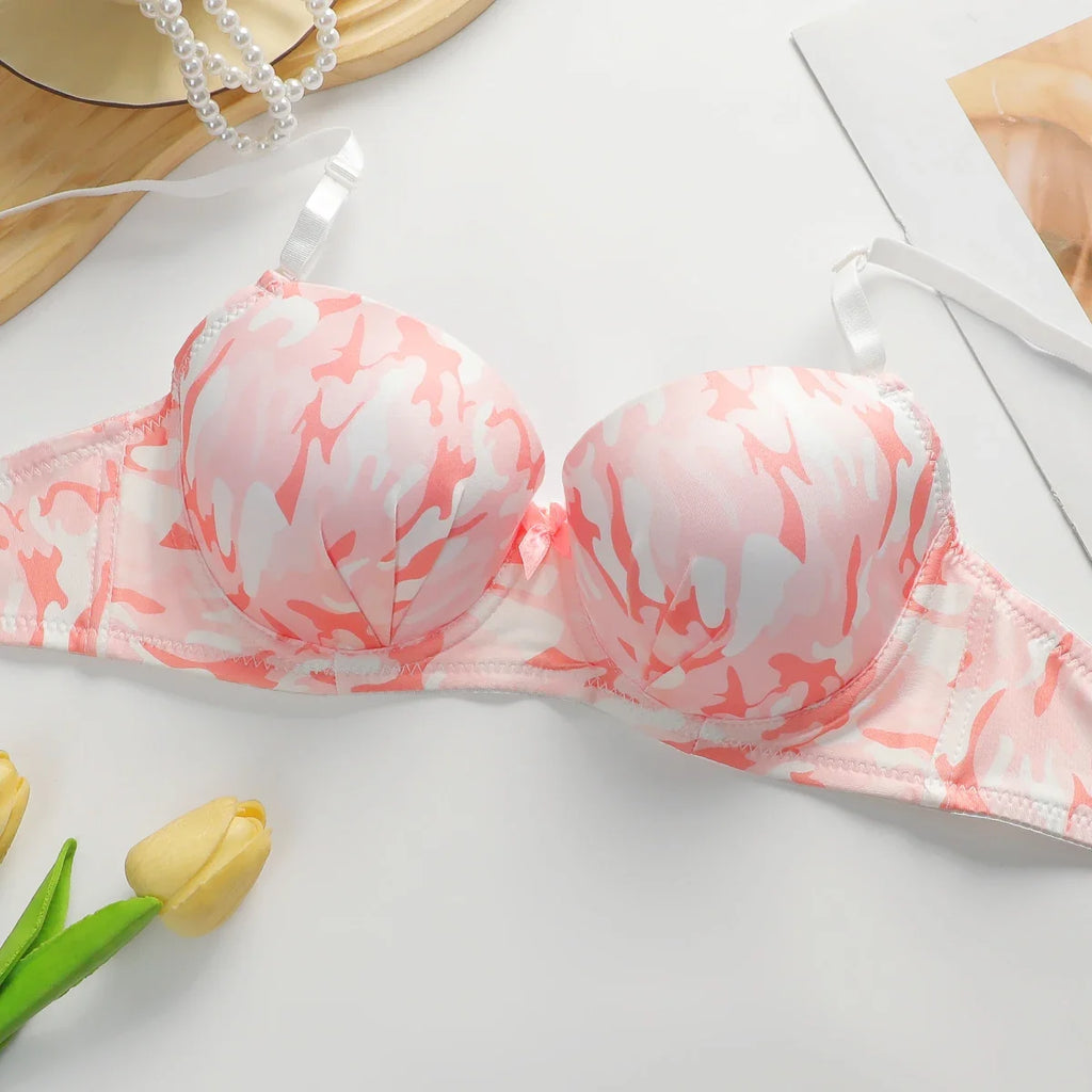 Hot Selling New Sweet Pink Camouflage Design With Steel Ring Gathering Pull And Anti Sagging Bra A2139