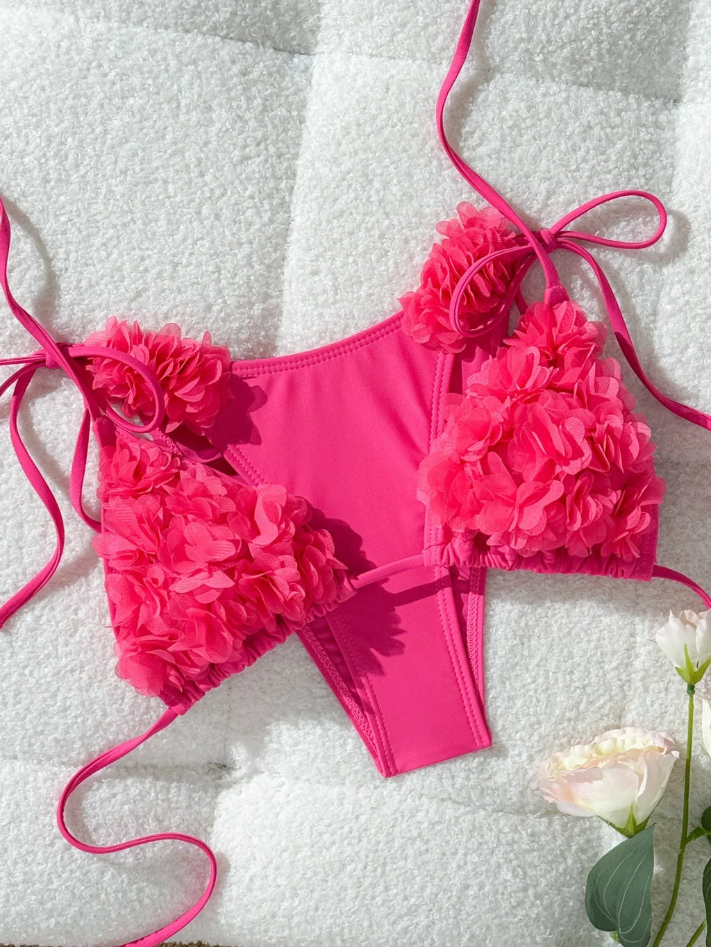 Women's Erotic Naughty Lingerie Sets Halter Neck 3D Mesh Flower Bra and Tie Up Thong