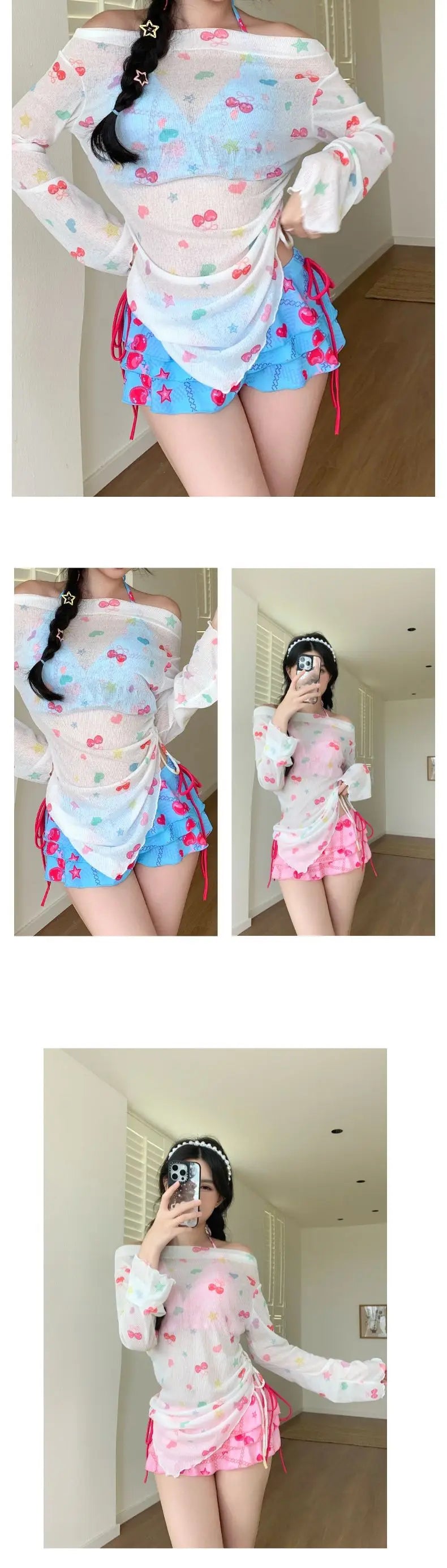 Sweet Vacation Bikini Set 2026 Women Long Sleeve Drawstring Cover Ups Pleate Short 4 Piece Swimsuit Beach Bathing Suit Swimwear