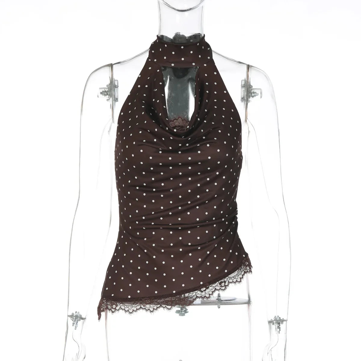 FDYOUI Women's Chic Polka Dot Tanks Top 2026 Summer Off Shoulder Lace Patchwork Corset Bandage Backless Crop Tops Streetwear