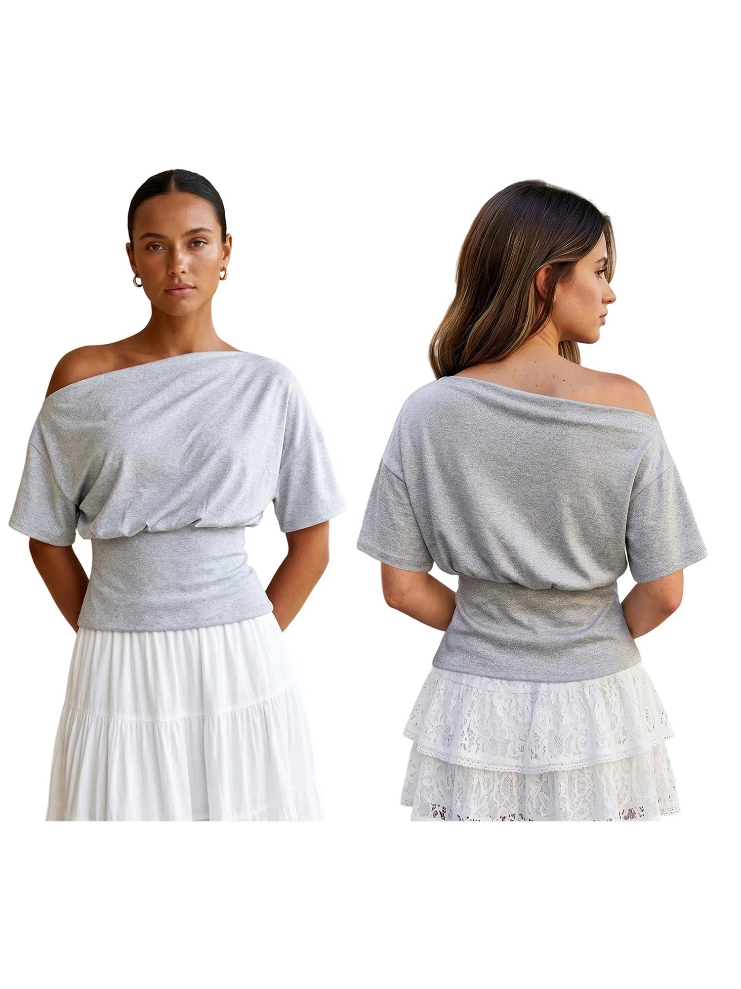 Women's Cinched Waist Blouse Tops Fashion Stylish Off Shoulder Short Sleeve Solid Color Shirts Summer Elegant Shirts Streetwear