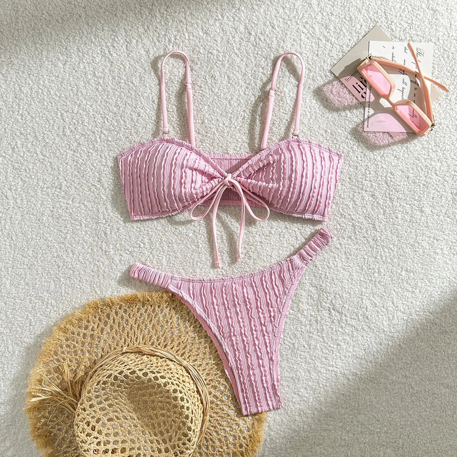 Wrinkled Crinkled Tie Knotted Bikini Women Swimwear Female Swimsuit Two-pieces Bikini Set Brazilian Bathing Suit Swim Beach Wear