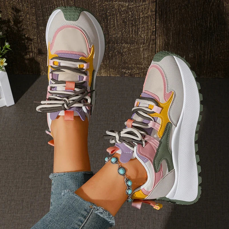 New Mixed Color Chunky Platform Sneakers Women 2026 Fashion Lace Up Thick Bottom Vulcanized Shoes Woman Non Slip Old Dad Shoes