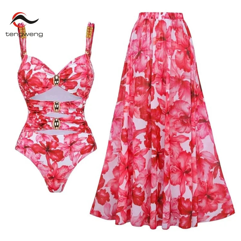 3D Flower One Piece Swimsuit and Skirt 2025 Sexy Swimwear Women Push Up Bodysuit Monokini Swim Suit Bathing Suit Beachwear