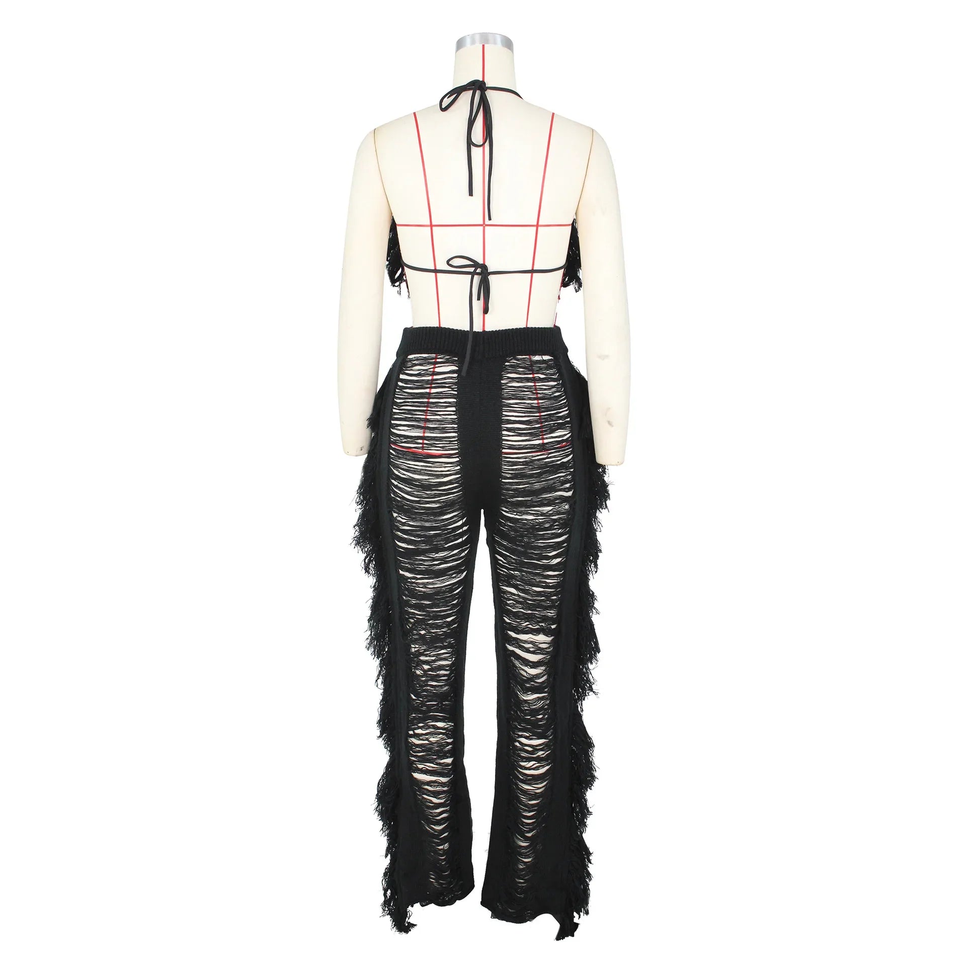 DEKAWomen Tassel Pants Knitted Bra Top Bikini Set Swimsuit Handemade Crochet Bikini Cover Up Tassel Beach Long Wrap Pant