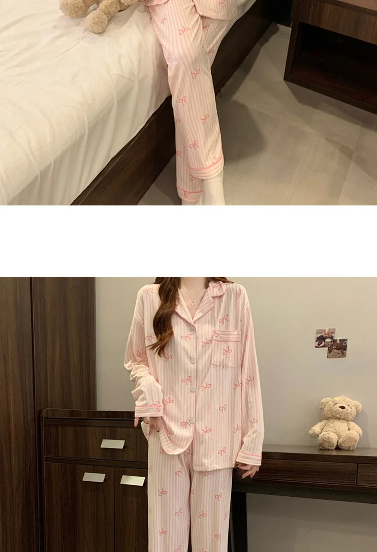 Spring Autumn New Women's Pajamas Long Sleeved Long Pants Sweet Printed 2-piece Set Casual Home Cardigan Nightgown