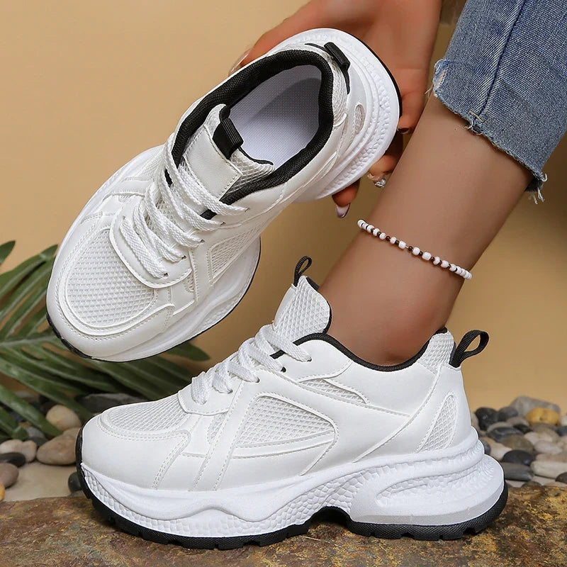 Black White Breathable Chunky Sneakers Women Korean Lace Up Platform Sneaker Shoes Woman Thick Bottom Mesh Sport Shoes Female