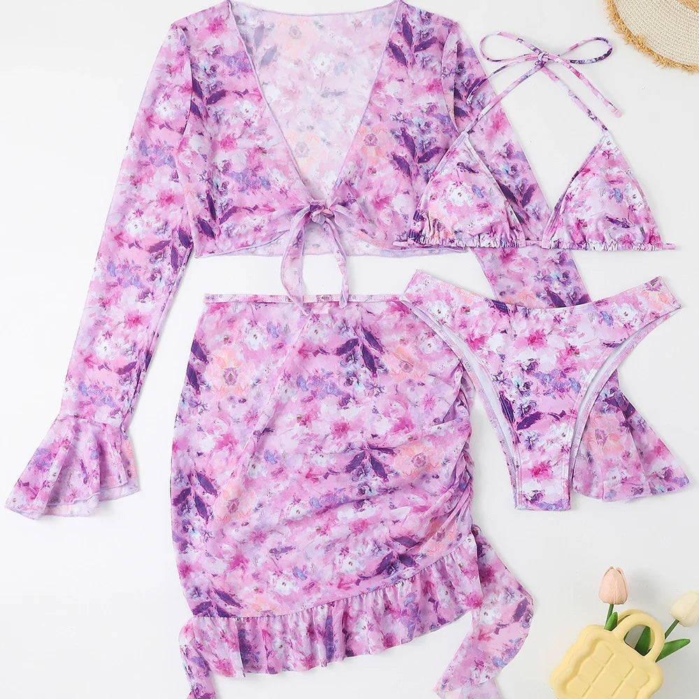 4 Pieces String Bikinis 2026 Women Sexy Swimwear Female Floral Swimsuit Bathers Bathing Swimming Swim Suit Beachwear Summer