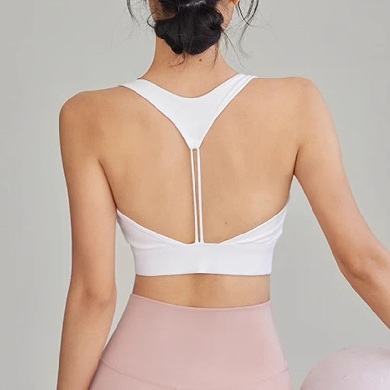 Women's Sexy Slim Strap Yoga Sports Bra Shock-Absorbing Gathered Back Design for Training Run Integrated Beautiful Back Style