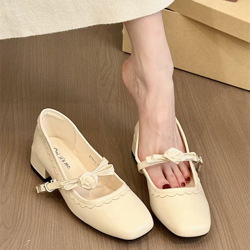 2026 Floral Rose Women Mary Jane Shoes Fashion Buckle Strap Thick Heel Shoes Ladies Elegant Daily Wedding Leather Dress Pumps