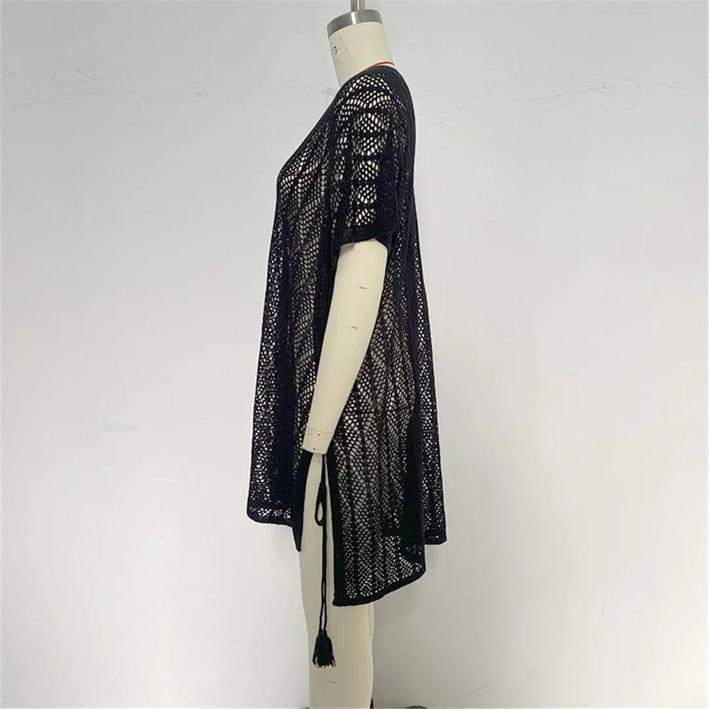 Sexy Short Sleeve Hollow Out Crochet Knitted Tunic Beach Cover Up Cover-ups Beach Dress Beach Wear Beachwear Female Women K6686