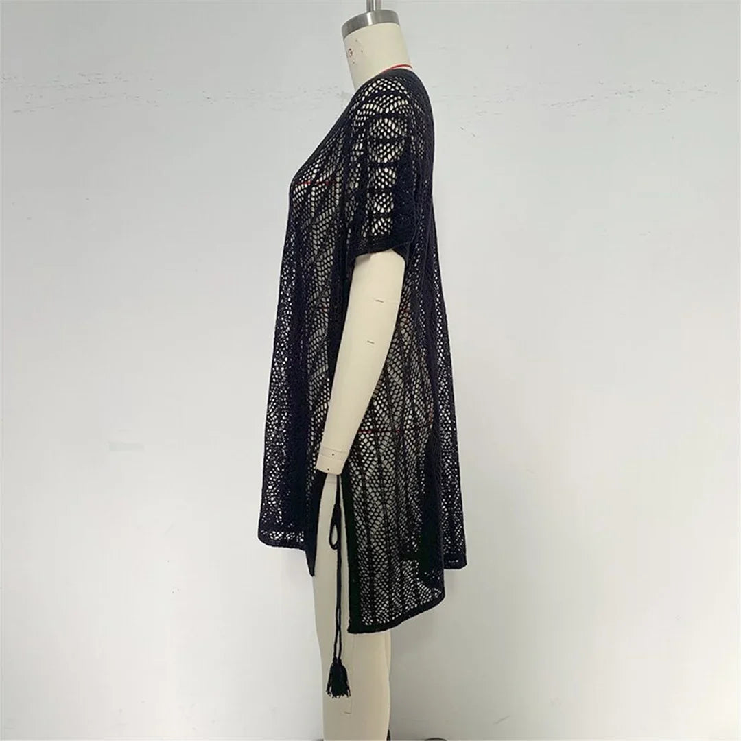 Sexy Short Sleeve Hollow Out Crochet Knitted Tunic Beach Cover Up Cover-ups Beach Dress Beach Wear Beachwear Female Women K6686