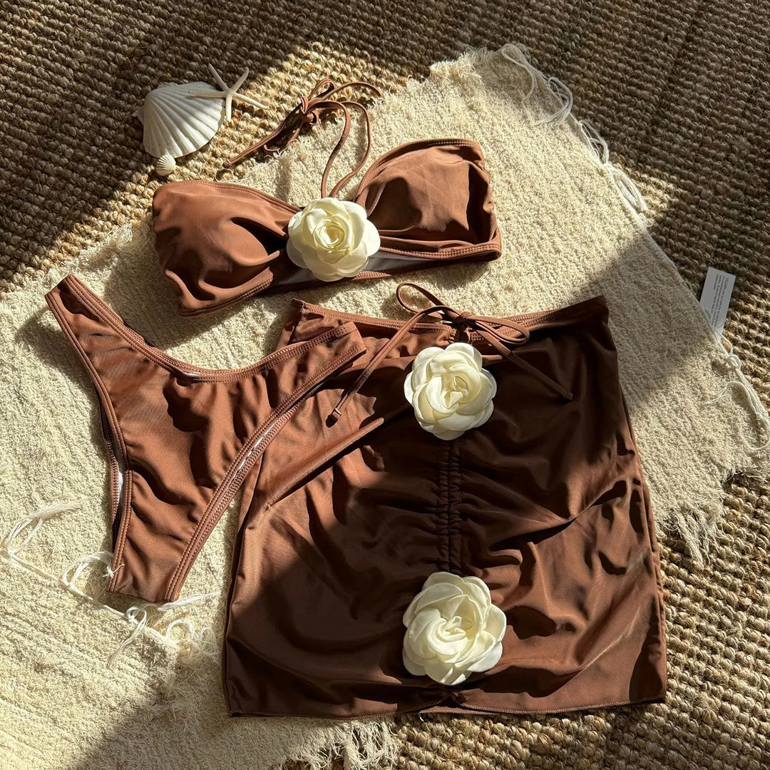 New 3D Flowers With Skirt Brazilian Bikini Women Swimwear Three-pieces Bikini set Female Swimsuit Bather Bathing Suit Swim V5755