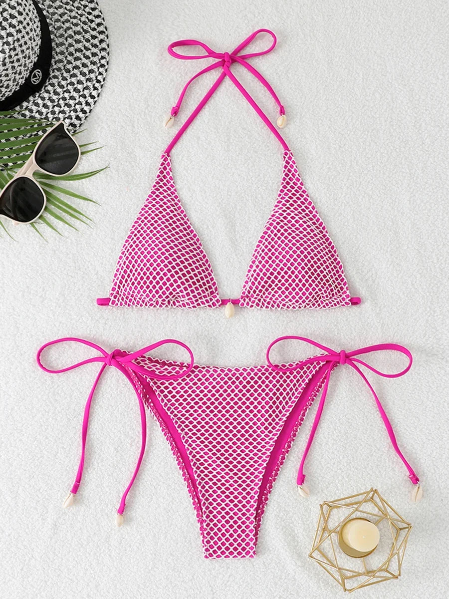 2026 Halter String Triangle Bikini Women Sexy Swimwear Female Mesh Swimsuit Solid Bathers Bathing Swimming Swim Suit Beachwear