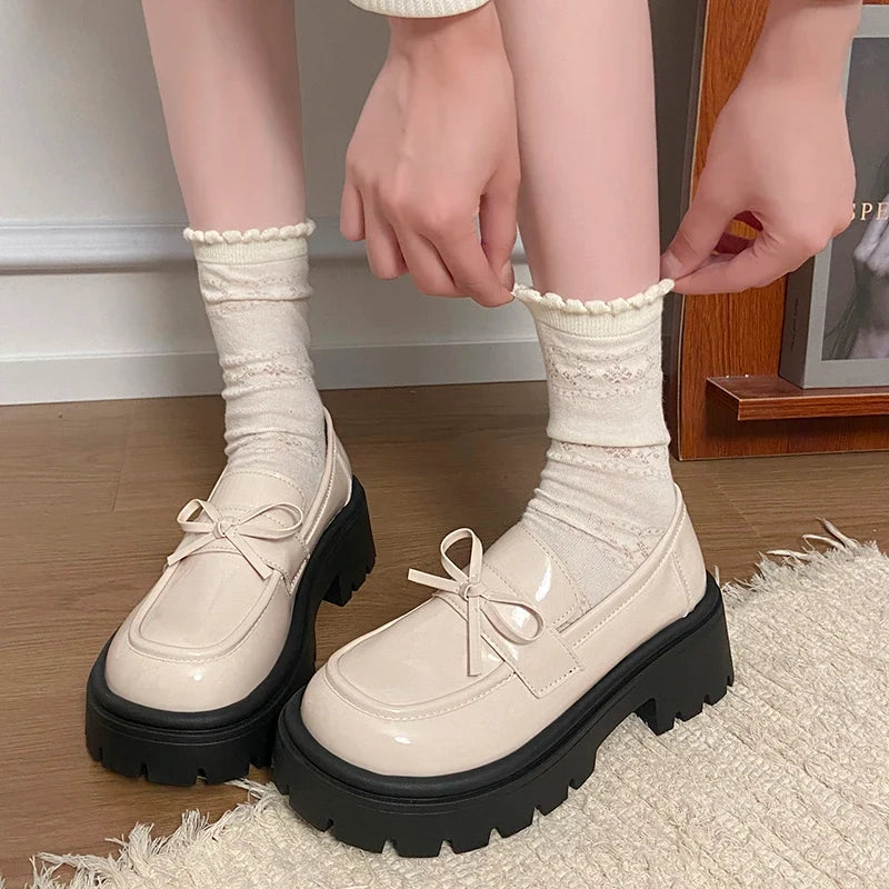 2025 Bowknot Decor Platform Loafers Women Fashion High Heel Jk Pu Leather Shoes Woman Korean Slip On Thick Sole Shoes Female